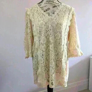 AMAZON |  Women's Ivory Lace Floral Short Sleeved V-Neck Blouse